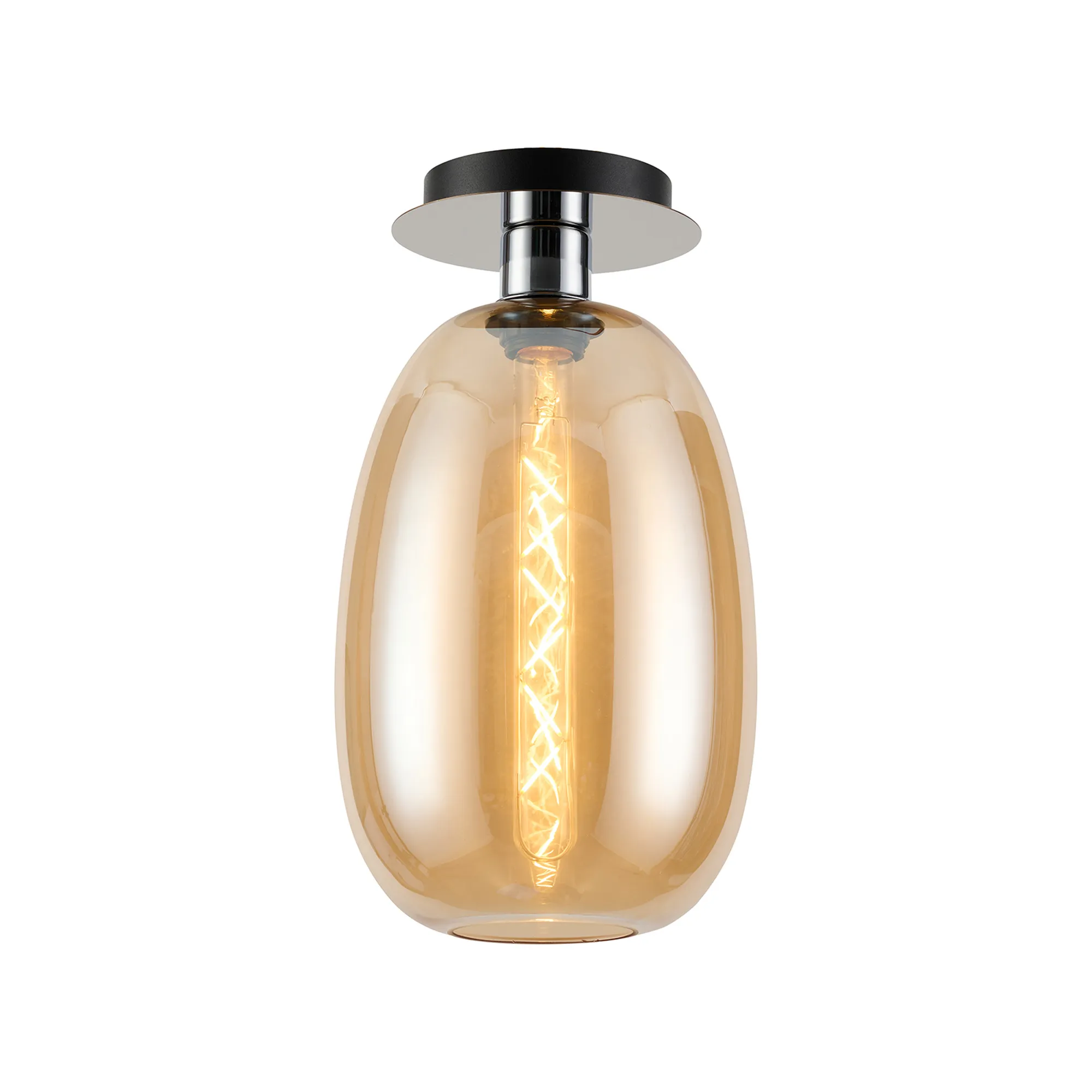 DK1330  Lori 15cm Round Ceiling Flush, 1 Light Flush Fitting E27, Polished Chrome/Amber Slim Curved Trapezium Shades